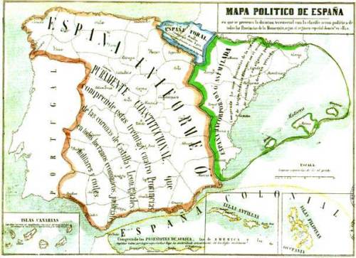 Mapa político de 1854 en el que se distingue la España uniforme, la Españ foral, la España incorporada o asimilada y la España colonial
