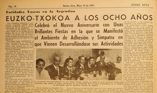 Basterretxeak lan garrantzitsua egin zuen Eusko Jaurlaritzak Buenos Aires-en zeukan Delegazioaren buruan. Argazkian, Euzko-Txokoa elkartearen urteurrena ospatzen. Ezkerretik bigarrena da Basterretxea, Euzko Deya-k argitaratu zuen kronikako argazkian