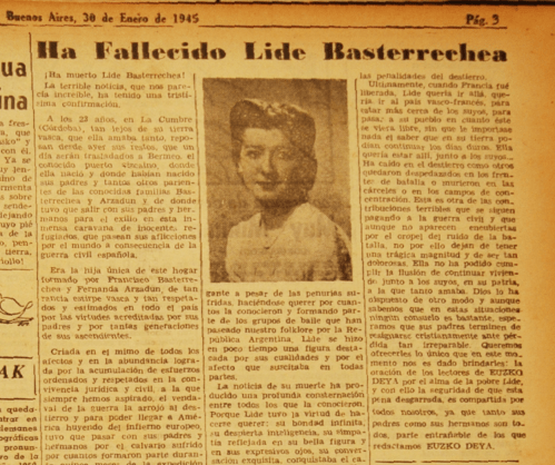Lide Basterretxearen heriotzaren berri eman zuen Euzko Deya aldizkariaren orrialdea. Argazkian, Lide bera ikus daiteke.